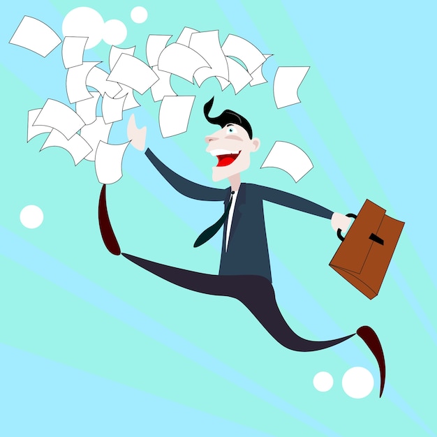 Happy business man run throw documents