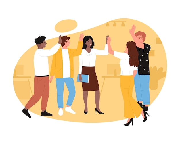 happy business people giving high five office workers celebrate success at workplace