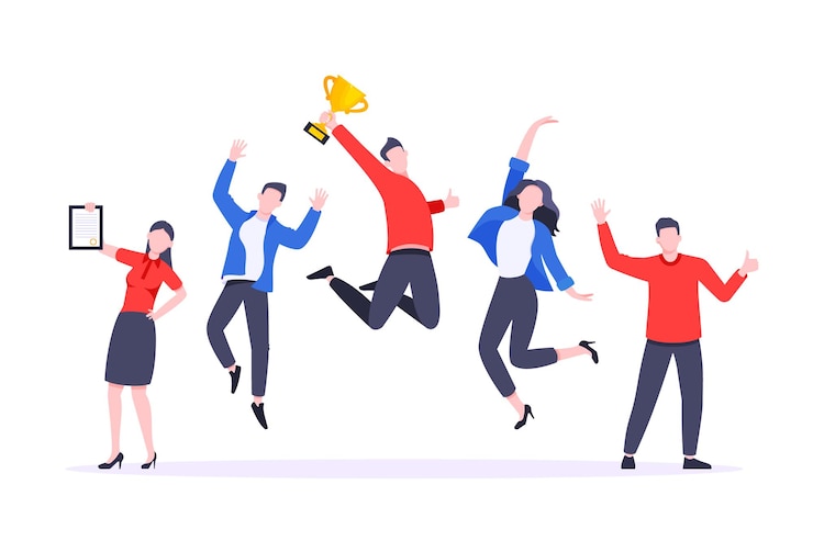 Vector happy business team employee team winners award ceremony flat style design vector illustration