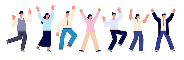 Happy business team Fun friends casual office people jump Isolated corporate group jumping funny flat male female celebrate utter vector characters