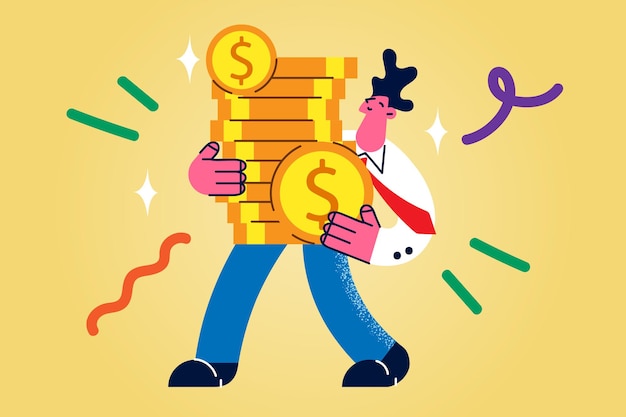 Happy businessman carry stack of coins feel excited with successful investment. Smiling man with money pile get deposit or credit from bank. Invest and saving concept. Financing. Vector illustration.