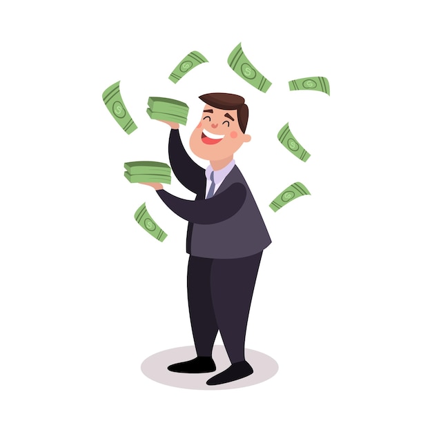 Happy businessman character standing under money rain colorful vector Illustration on a white background