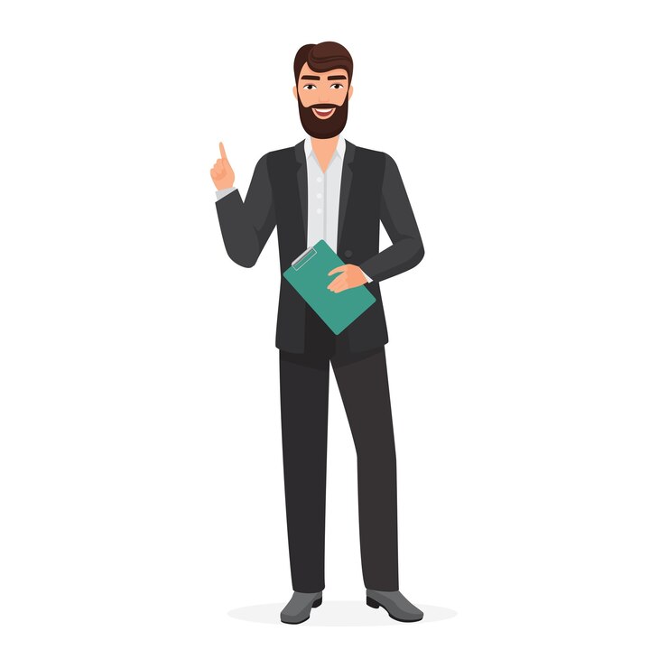 Happy businessman holding business document on clipboard man pointing up