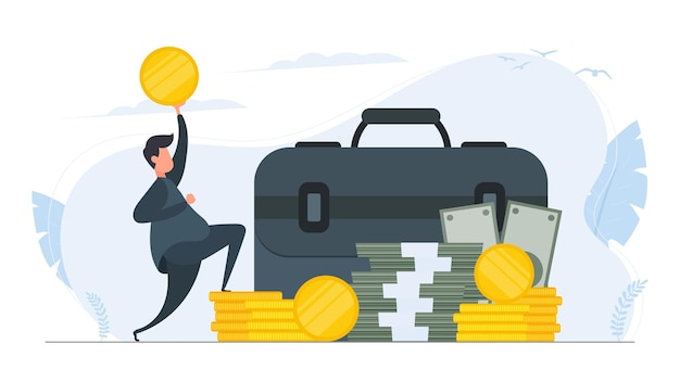 Happy businessman in a jump. Businessman with a suitcase and a gold coin in his hands. A mountain of money. Dollars, bundles of money, gold coins. Vector.