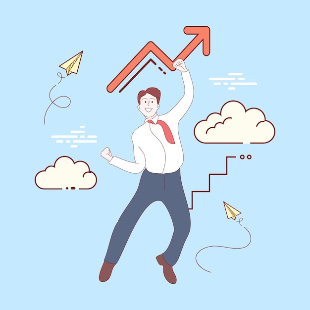 Vector happy businessman jumping on the job success. hand drawn style vector illustrations.