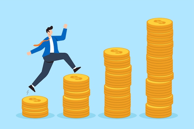 Happy businessman jumping on pile of money coins growth in flat design