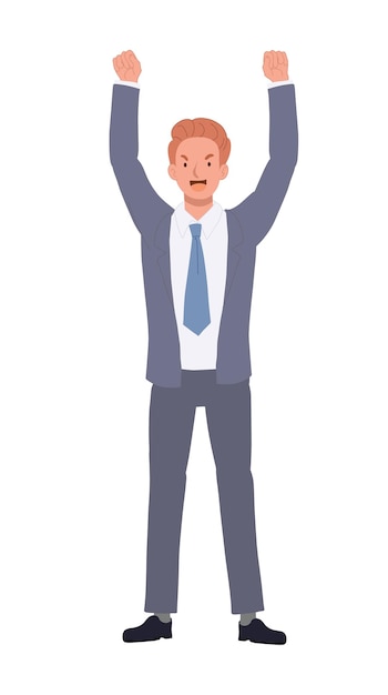 幸せなビジネスマンは喜びの勝利で手を上げます フラット ベクトル漫画イラスト