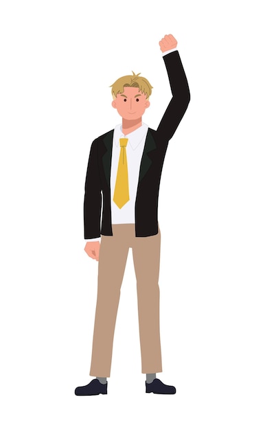 Happy businessman raises his hands up in joy victory flat vector cartoon illustration