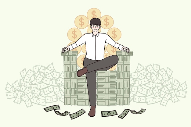 Happy businessman sit on chair stack of money