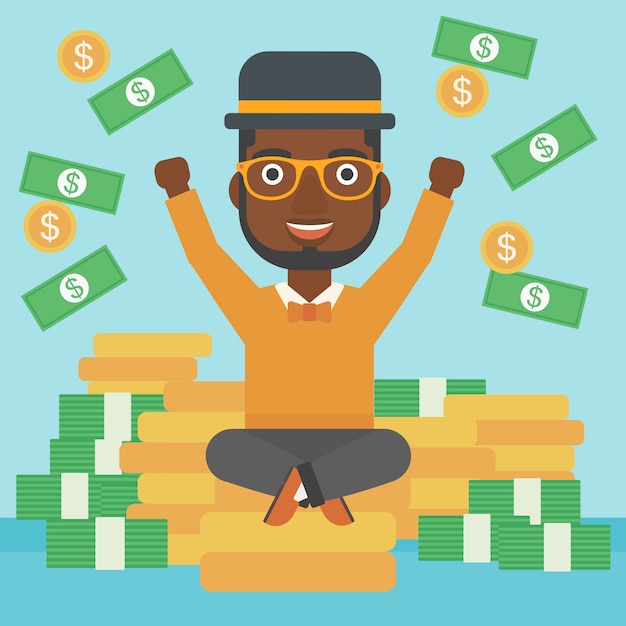 Happy businessman sitting on coins.