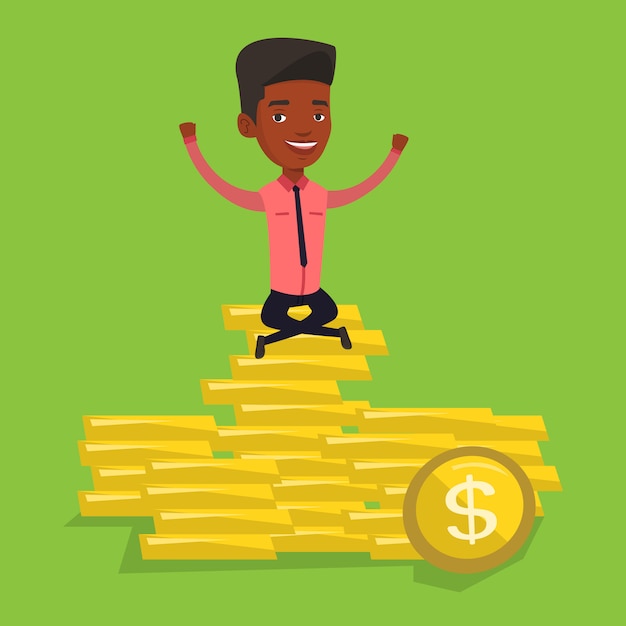 Vector happy businessman sitting on golden coins.