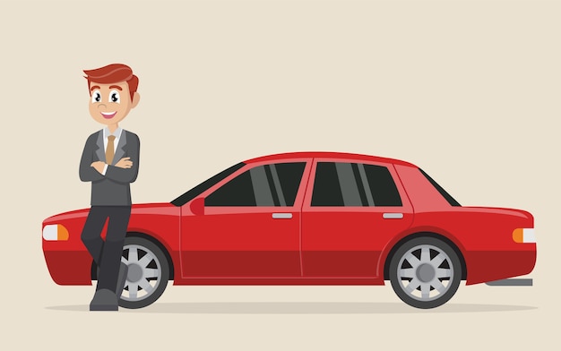 Happy businessman standing near car.