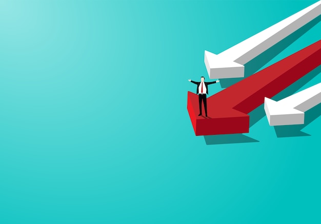 happy businessman standing on red arrow of success