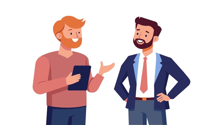 Vector happy businessmen engaging in casual conversation at a networking event flat vector illustration