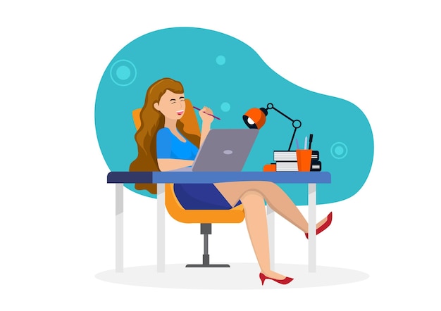 Happy businesswoman working on computer with smiling face Workplace or work satisfaction with corporate employee wellbeing concept