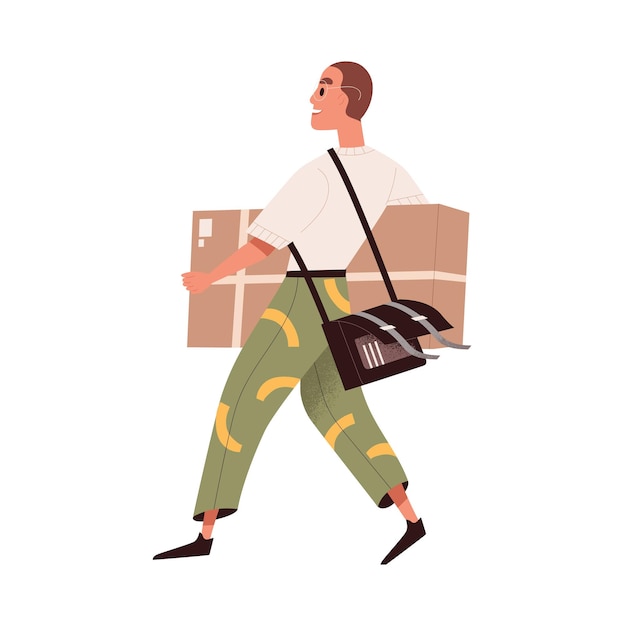 Happy buyer walking with purchase in hands. Man courier carrying big cardboard box. Modern postman from delivery service holding large parcel. Flat vector illustration isolated on white background