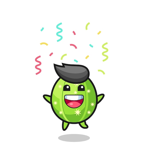 Happy cactus mascot jumping for congratulation with colour confetti , cute style design for t shirt, sticker, logo element