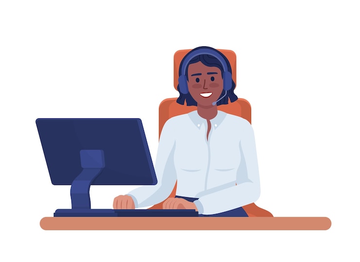 Vector happy call center consultant with headset semi flat color vector character