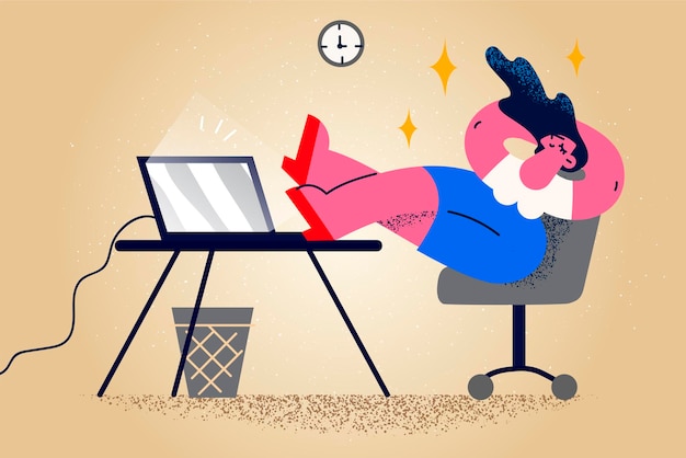 Happy calm businesswoman sit at desk in office relax daydream during working day. relaxed woman employee rest at workplace take nap or break. stress free. flat vector illustration.