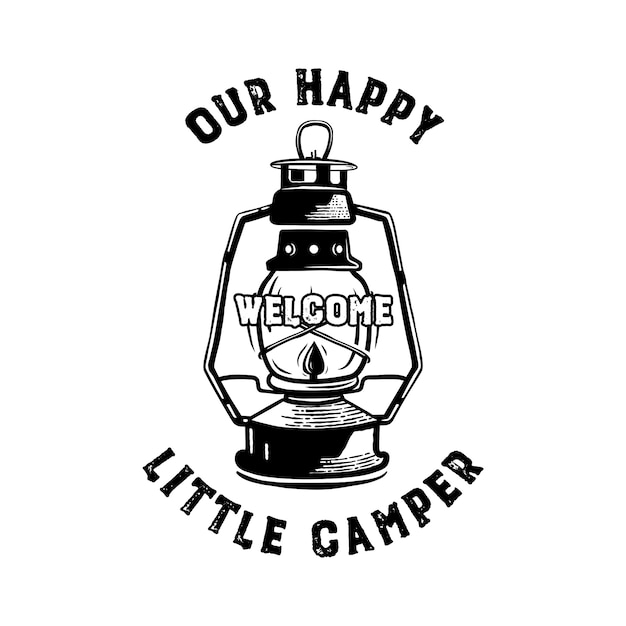 Happy camper badge con citazione del nostro piccolo emblema da campeggio e lanterna da campeggio.