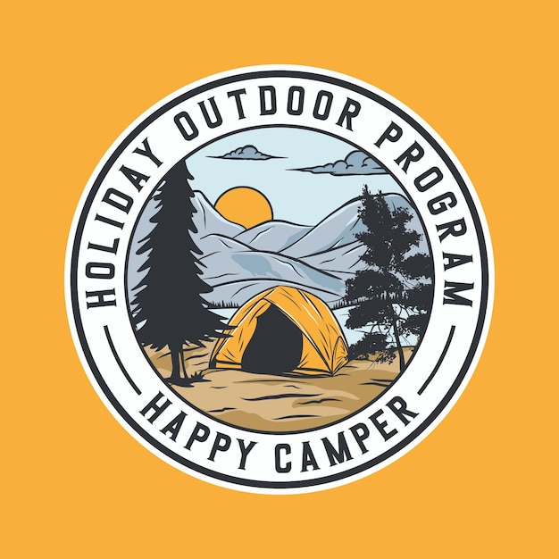 Vector happy camper outdoor badge design with hand drawn illustration for t-shirt and logo