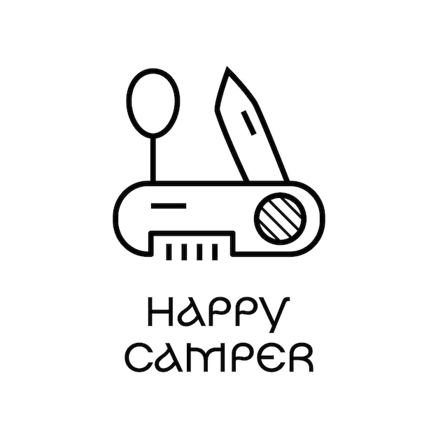 幸せなキャンピングカーのテキストとベクトルのアウトラインのペンナイフのロゴ