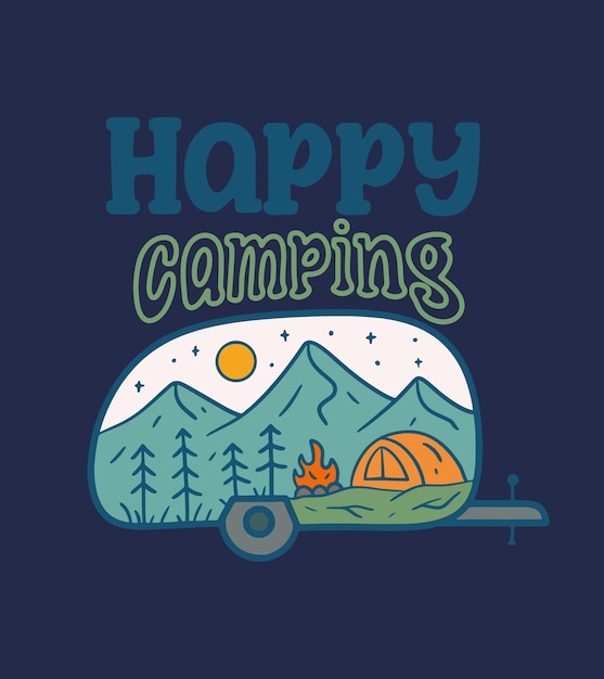 Vector happy camping with the caravan with nature mountain in the inside