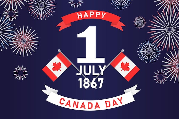 Happy canada day banner canadese vlaggen en datum 1 juli 1867 op blauwe achtergrond met vuurwerk