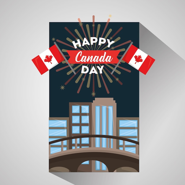 Happy canada day card montreal city flags fireworks