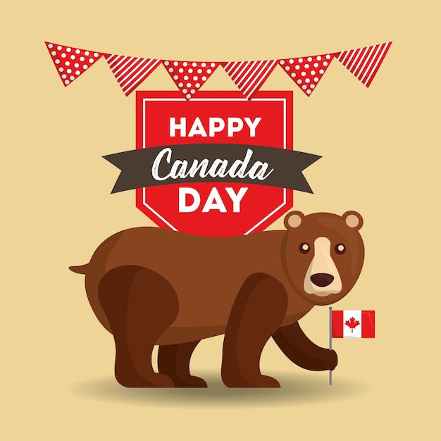 Happy canada day grizzly bear holding flag