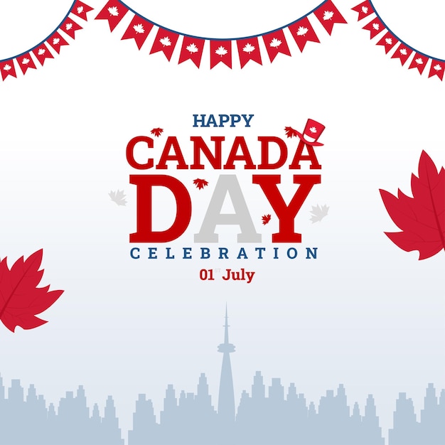 Happy Canada Day groet sociale media post witte kleur achtergrond met maple leaf vector en gebouw