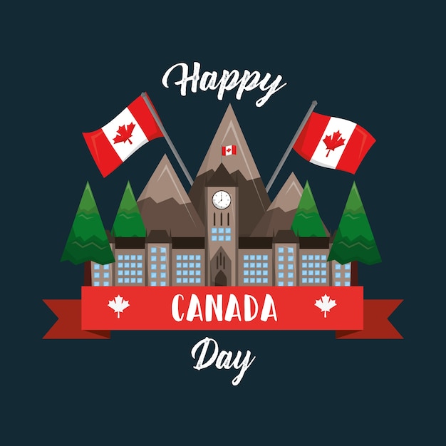 Vector happy canada day ottawa parliament mountaind flag national