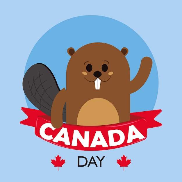 Happy canada day poster Cute beaver character Vector illustration