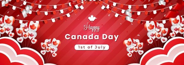 Vettore biglietto d'auguri per striscioni vettoriali happy canada day bandiera ondulata canadese il 1° luglio