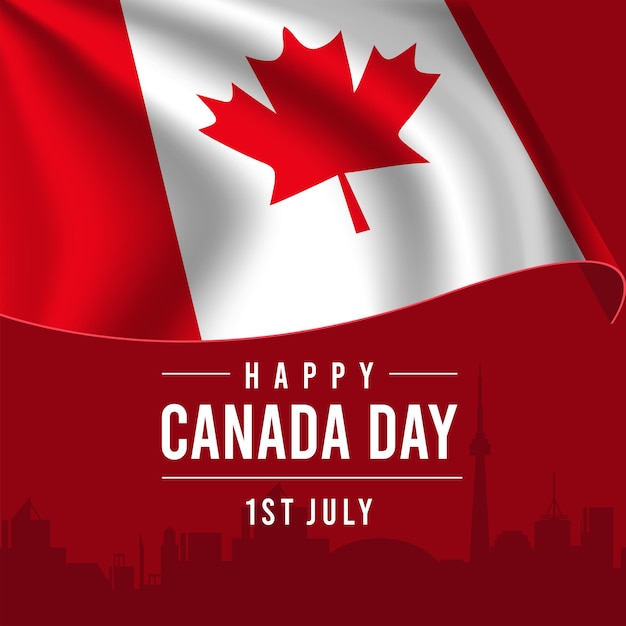 Happy Canada Day wenskaart met wapperende vlag op rode achtergrond.