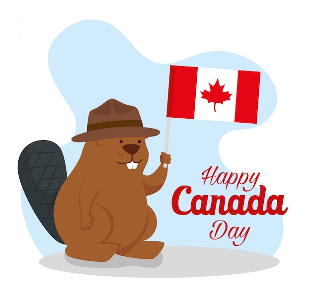 Happy canada day with beaver and flag