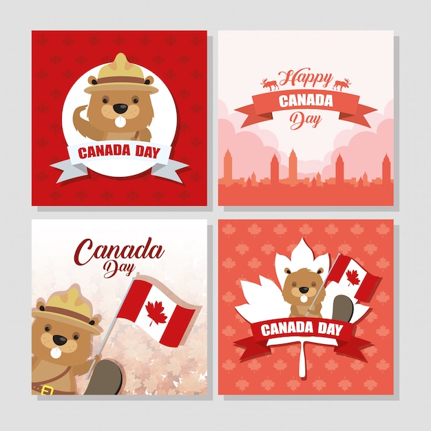 Happy canada day with maple leafs and beaver