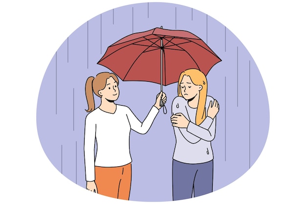 Happy caring woman help unhappy wet friend share umbrella Smiling attentive female show support to upset girl on rain on street Vector illustration