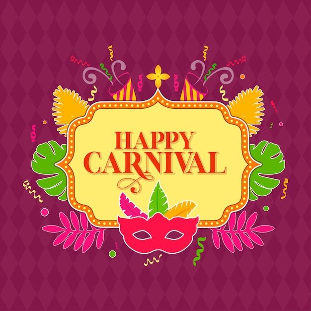 happy carnival festive design featuring tambourines masks confetti leaves on magical background