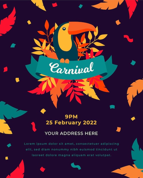 Happy carnival Invitation Toucan and feathers