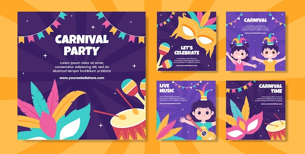 Happy carnival party шаблон сообщения в социальных сетях мультфильм фон векторные иллюстрации