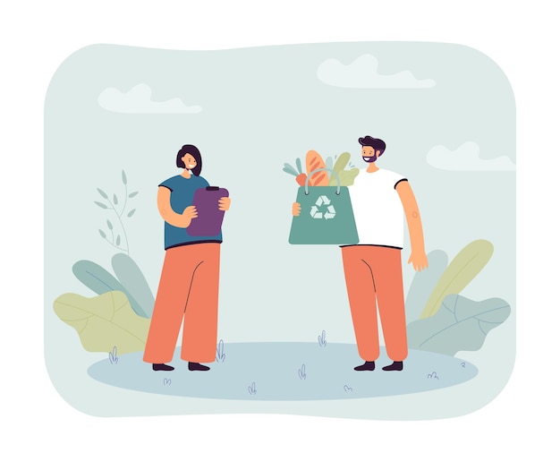 Vector happy cartoon activist holding recycle bag with food. zero waste, eco friendly lifestyle  flat vector illustration. food, ecology, environment concept for banner, website design or landing web page