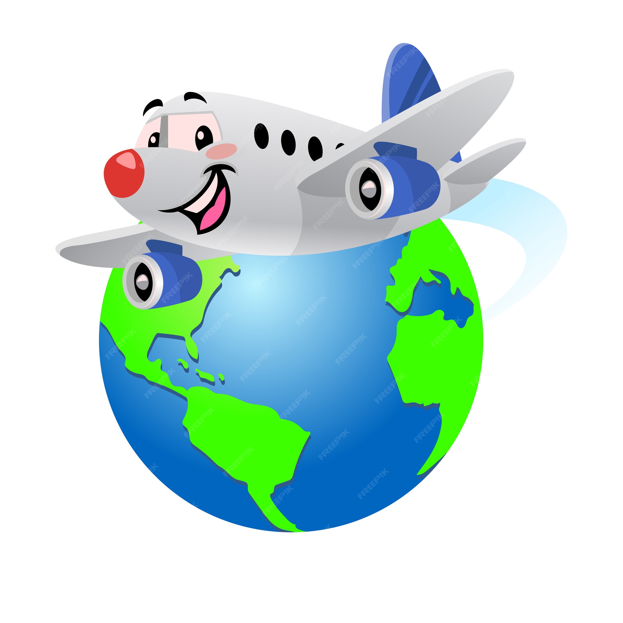 Premium Vector | Happy cartoon airplane flying around the globe Premium Vector | Happy cartoon airplane flying around the globe