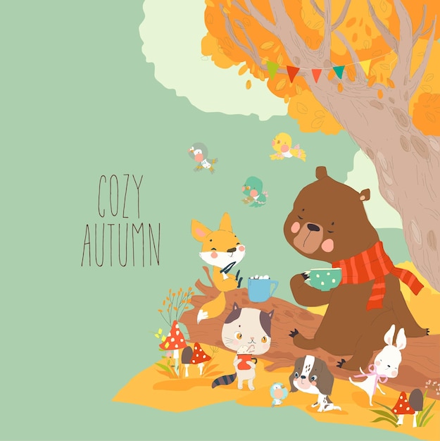 happy cartoon animals drinking tea in autumn forest