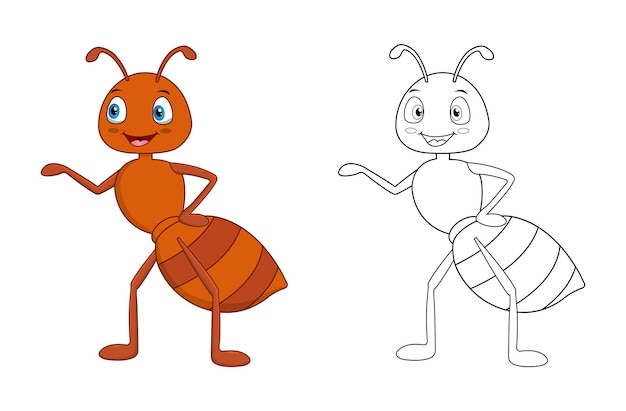 Vector happy cartoon ant with line art, ant sketch color less page isolated on white background.