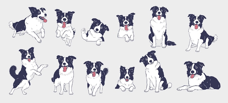 Vector happy cartoon border collie dog set