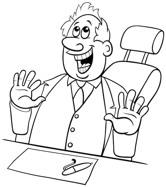 Vettore pagina da colorare capo di cartoni animati felice o uomo d'affari dietro la scrivania