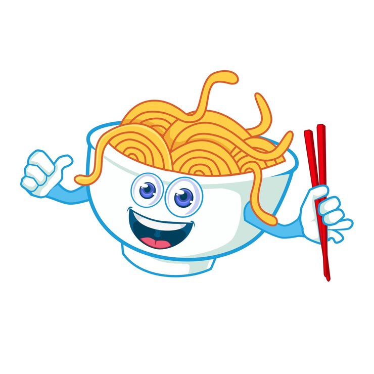 Vector happy cartoon bowl of noodles with chopsticks