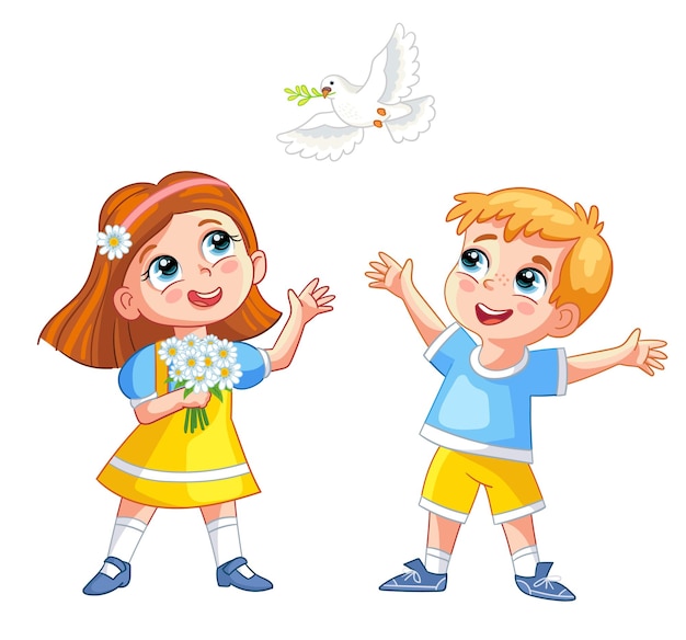 Счастливый мультяшный мальчик и девочка с векторной иллюстрацией белого голубя