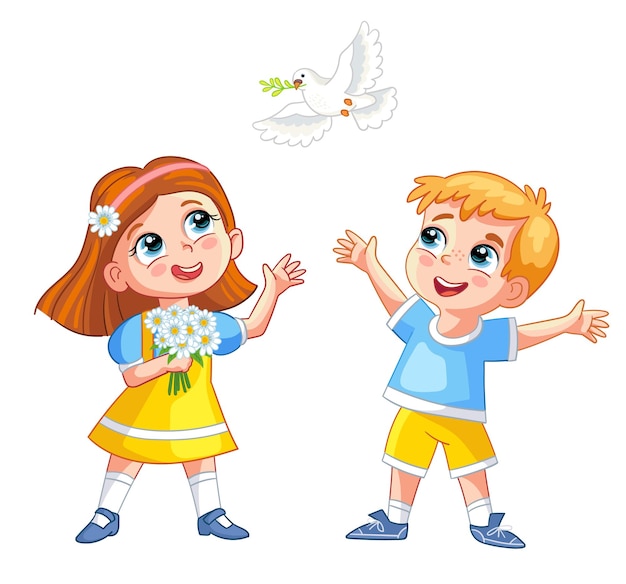 Happy cartoon boy and girl with white dove vector illustration